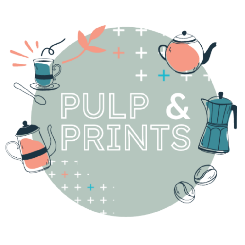 Circular logo with 'Pulp & Prints' in the centre and coffee-related icons around the outside