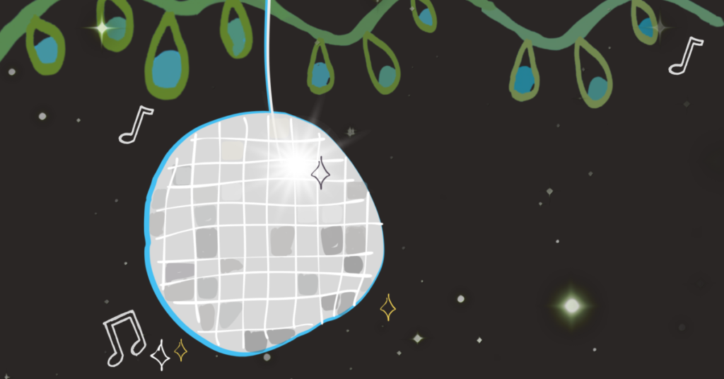Summertime Ball 2026 website event header showing a hand-drawn disco ball